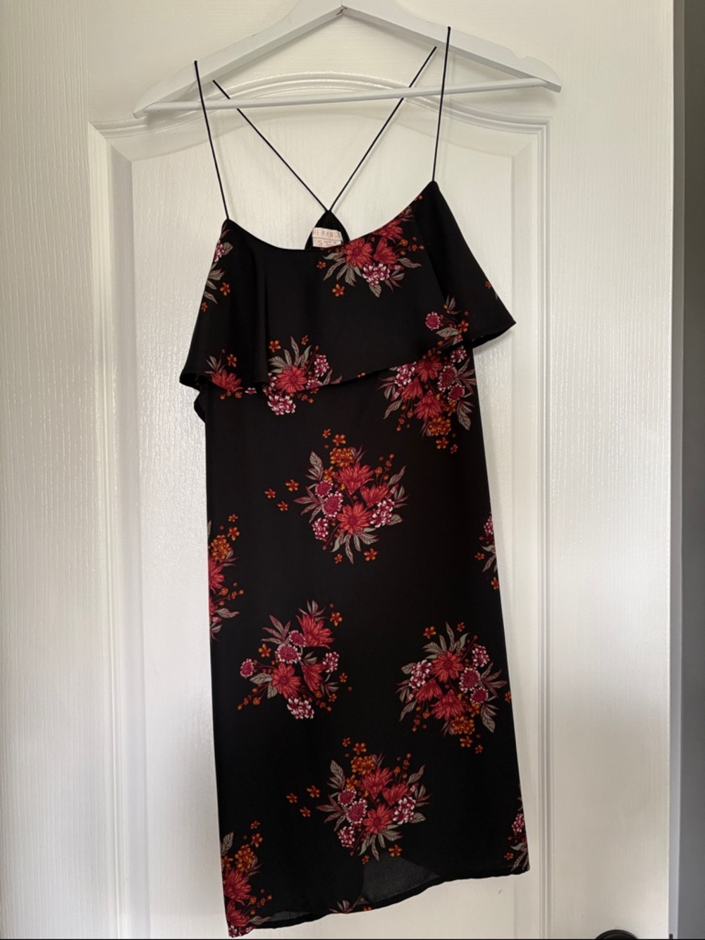 The Hanger Black Midi Dress with Pink-Red Floral Print
